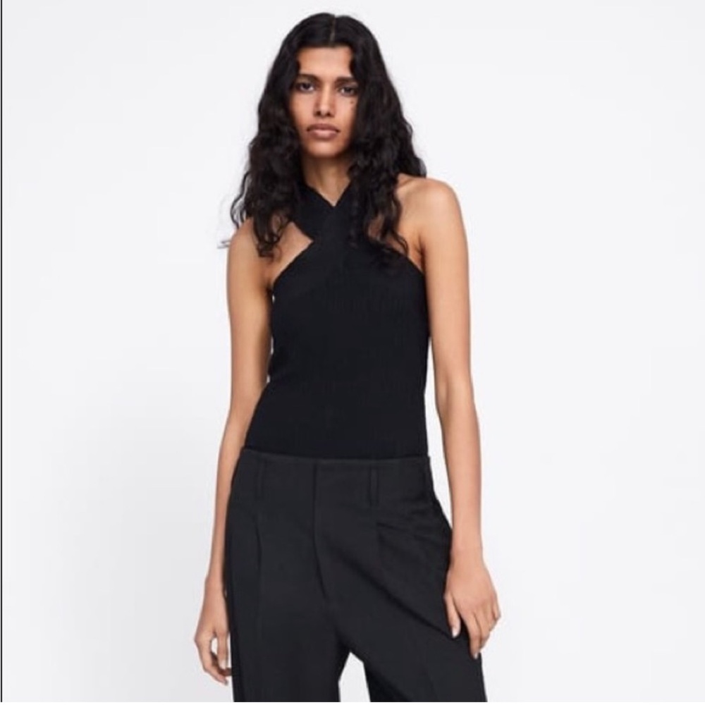 ZARA Black Wrap Neckline Ribbed Knit Top. Size Small 🖤